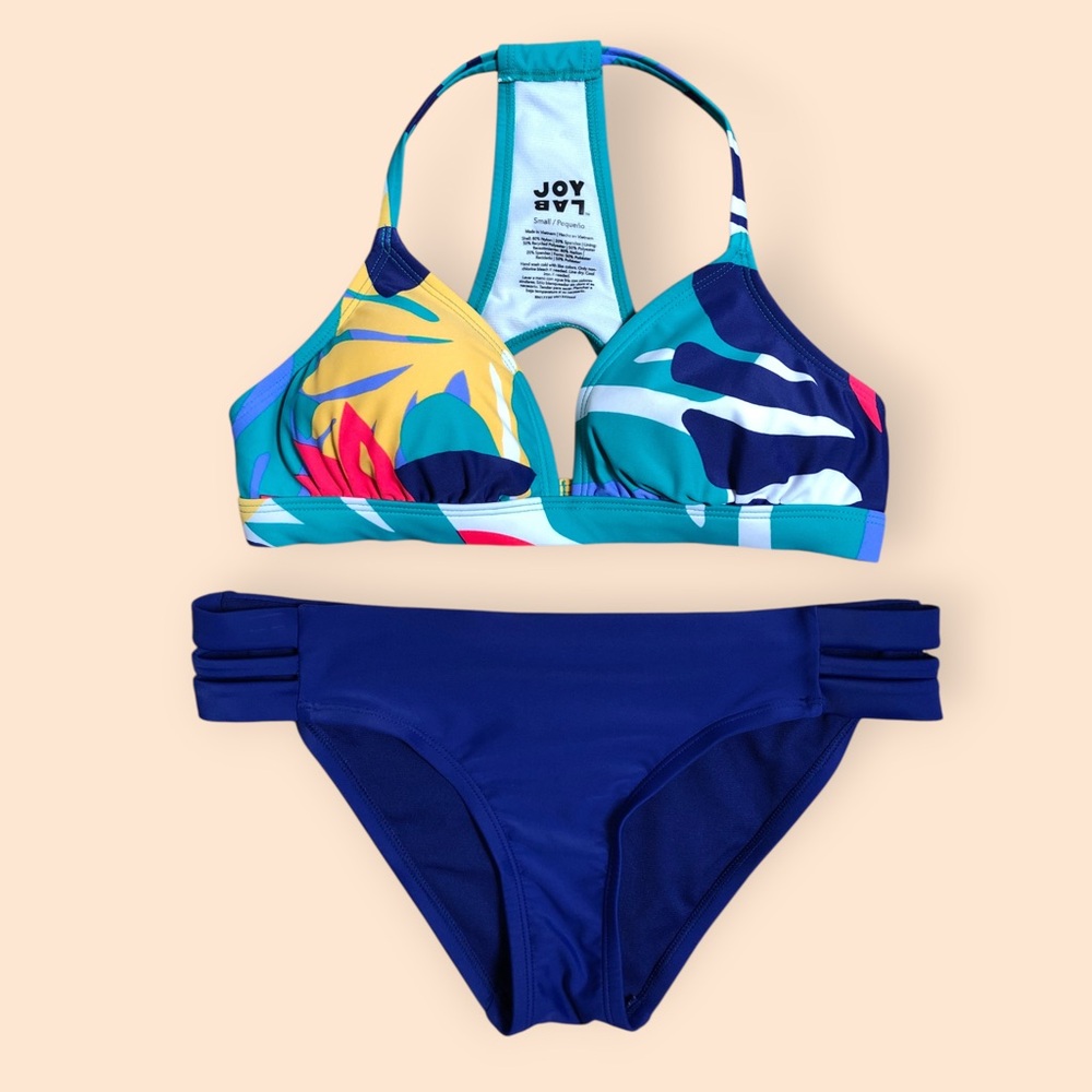 JoyLab Colorful Tropical Two Piece Bikini Swimsuit Set  Teal & Navy Women S/M